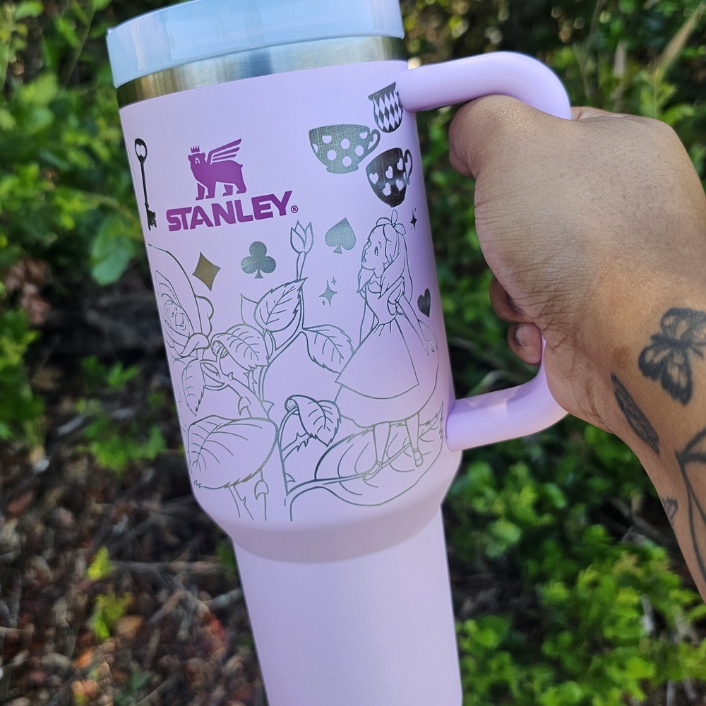 Pink Stanley Engraved Tumbler with Alice in Wonderland Design
